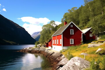 Traditional Norwegian country house and amazing landscape - obrazy, fototapety, plakaty