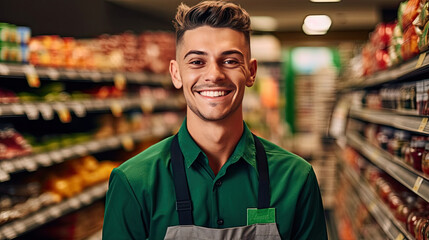 Obraz premium Portrait of Smiling young male supermarket worker. Generative Ai