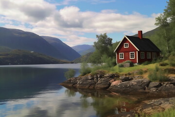 Fototapeta na wymiar Traditional Norwegian country house and amazing landscape