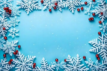 Fototapeta na wymiar Christmas or winter composition. Frame made of snowflakes and red berries on pastel blue background. Christmas, winter, new year concept. Flat lay, top view, copy space