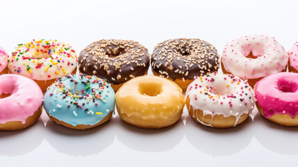 Fototapeta premium Multicolored donuts with different sprinkles isolated on white background