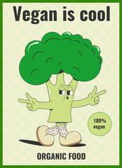 World Vegan Day. A poster with a funny cartoon groovy broccoli character. The concept of a healthy lifestyle. Vector illustration in a trendy retro style