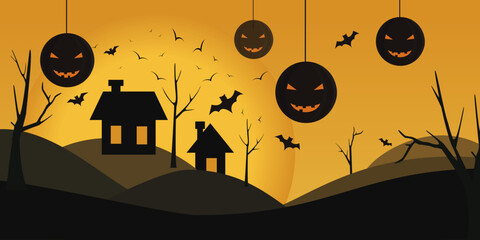 A flat banner for Halloween. Landscape in black and orange tonic with birds and houses on the background of a full moon.