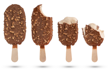 Vanilla ice cream with chocolate icing without different pieces on a white isolated background. Ice cream close-up.