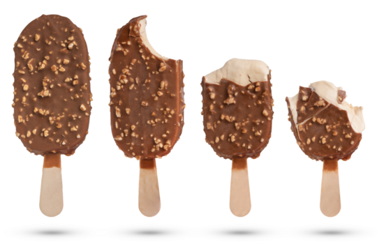 Vanilla ice cream with chocolate icing without different pieces on a white isolated background. Ice cream close-up.