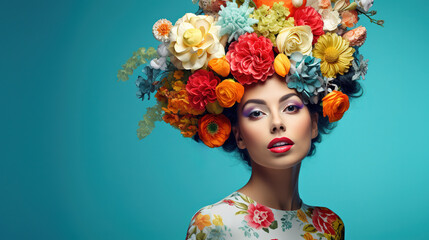 beautiful young woman with flowers on her head on blue background, generative ai 