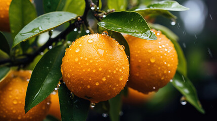 clementines on a tree covered with water drops, generative ai 