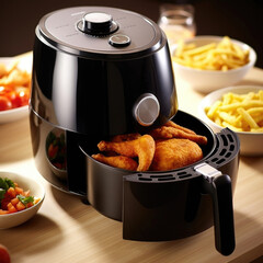 Air fryer machine cooking potato fried in kitchen. Lifestyle of new normal cooking.Background