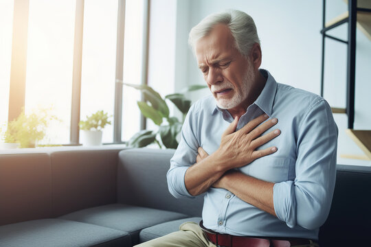 Heart attack concept. Senior man suffering from chest pain indoor, generative ai
