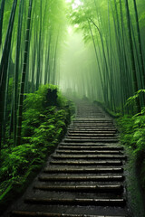 Bamboo forest with steep mountain road, rain, fog. Generative AI