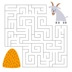 Maze for children of agricultural animal, a cute goat and a haystack.