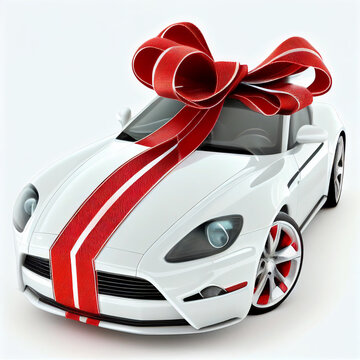 Beautiful white car wrapped with gift ribbon on a white background. AI Generated