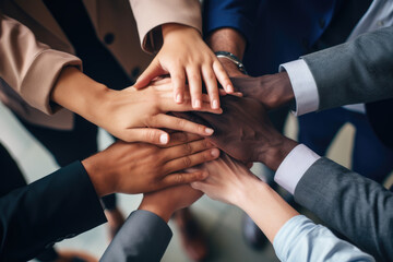 Diverse team of businesspeople joining their hands together in unity, coming together in success