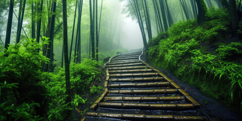 Bamboo forest with steep mountain road, rain, fog. Generative AI