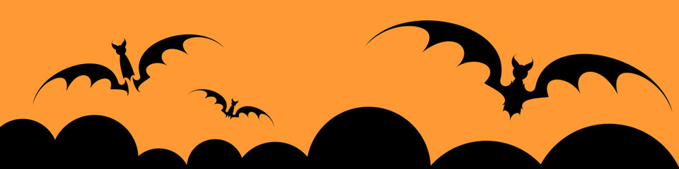An abstract illustration of a Halloween banner design with bats and clouds on an orange and a black color scheme - 653414121