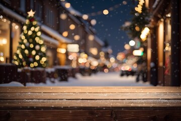Naklejka na ściany i meble Empty wooden table top with blurred Christmas tree and snowfall with bokeh light background. Generative Ai.