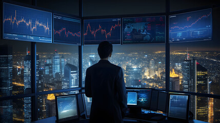 Rear view of businessman looking at monitor with stock market chart at night. Side view of young businessman sitting at desk and looking at monitors with forex chart on screen, investment strategy