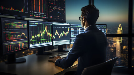 Side view of young businessman sitting at desk and looking at monitors with forex chart on screen, investment strategy, financial data and charts, - obrazy, fototapety, plakaty