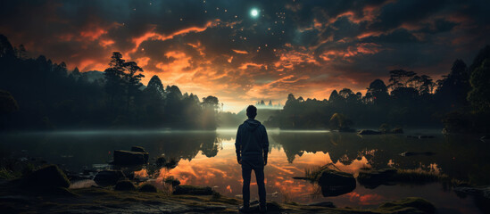 Man looking at the lake in the morning,3d render.