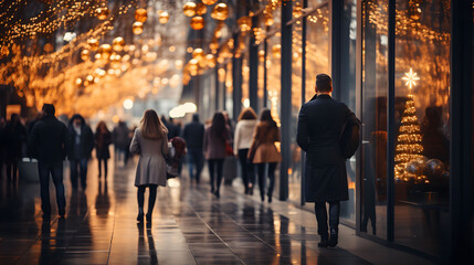 People walking in the city at christmas time, back view. Christmas and new year concept - obrazy, fototapety, plakaty