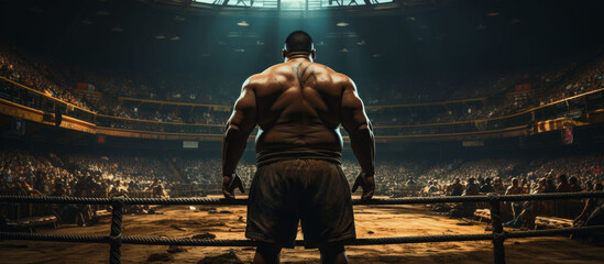 Sumo Handsome muscular mixed-race male boxer standing in front of ring. - obrazy, fototapety, plakaty