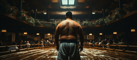 Sumo sport Rear view of a boxer standing in the ring during the match