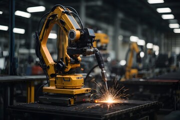 welding robotics automatic arms machine in factory automotive industrial. Blurred digital manufacturing environment. Generative Ai. - obrazy, fototapety, plakaty