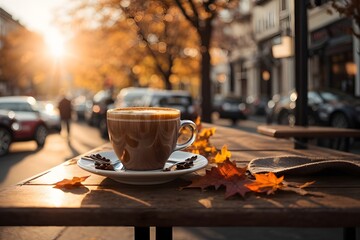 cup of hot coffee on cafe table street view with cars and fall autumn leaves in late autumn sunset with sunflares in the background. Generative Ai.