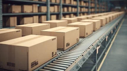 Fotobehang Large modern distribution warehouse with cardboard boxes on distribution belt. AI Generated ©  iiulia