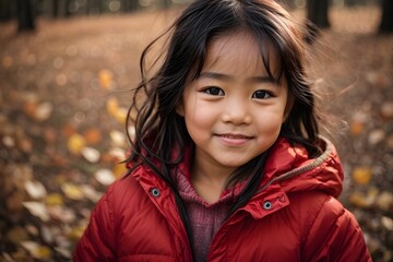 close up of little asian girl child playing in autumn fall leaves in red jacketin in late autumn sunset with sunflares in the background. Generative Ai.