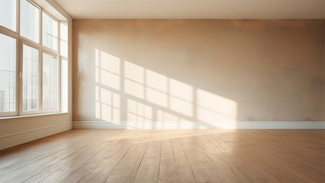 Habitacion vacia luz natural - Fondo colores tierra - Sombras difusas - Ventana lateral - materiales, madera, 
