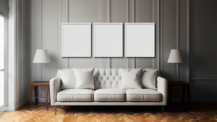 Habitacion vacia luz natural - Fondo blanco - Sombras difusas - materiales, madera, blanco - Mockup 3 laminas pared 