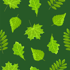 Bright green summer leaves of oak, maple, birch and mountain ash on a green or bright dark green background. Seamless pattern. Printing on fabric, packaging and wrapping paper. Vector illustration.