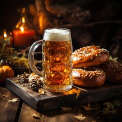 Oktoberfest celebration with beer and pretzels.