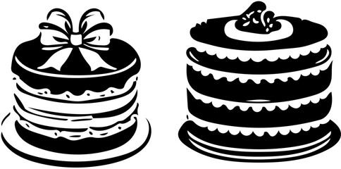 Cake illustration in black color, vector drawing of birthday cake