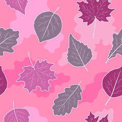 Bright grey, pink, fuchsia, burgundy oak, maple, birch and poplar leaves on a pink spotted background. Seamless pattern. Printing on fabric and packaging. Print on bed linen. Vector illustration.