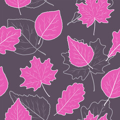 Bright pink or fuchsia leaves of oak, maple, birch and poplar on a gray or purple background with white silhouettes of leaves. Seamless pattern. Printing on fabric. Vector illustration.