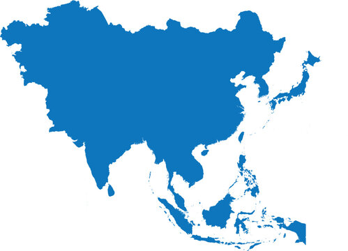 BLUE CMYK color detailed flat stencil map of the continent of ASIA on transparent background