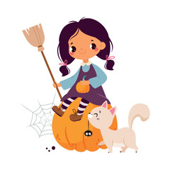 Happy Girl Character at Halloween Sit on Pumpkin with Broom and Cat Vector Illustration