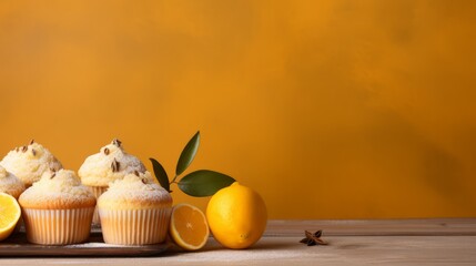 Lemon muffins with lemon on orange yellow background. Lemon muffins. Copy space. Photo texture. Horizontal banner. Ai generated - obrazy, fototapety, plakaty