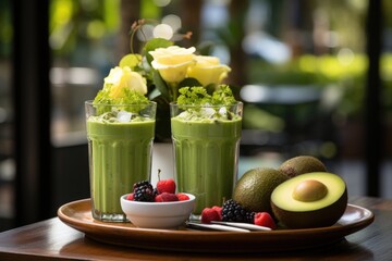 Vibrant Scene in Healthy Coffee: Customers enjoy green and detox smoothies surrounded by plants., generative IA