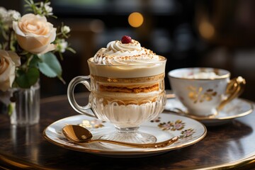 Creamy cappuccino in porcelain cup, elegant afternoon tea., generative IA