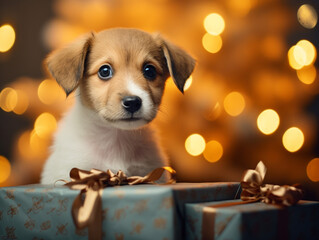 A small fluffy puppy peeks out of a New Year's gift box and looks at the camera against the...