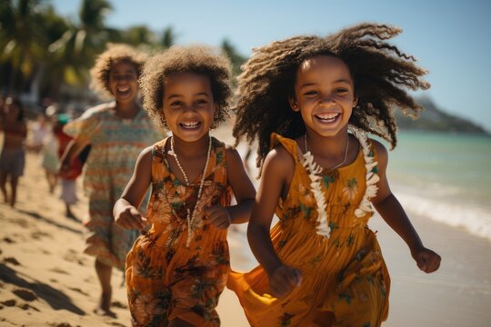 Happy Children On The Beach Drinking Colorful Coconut Water., Generative IA