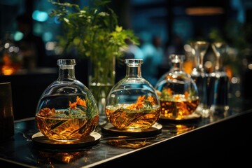 Obraz na płótnie Canvas Distillate tasting in gastronomic event: elegant bottles and seductive aromas., generative IA