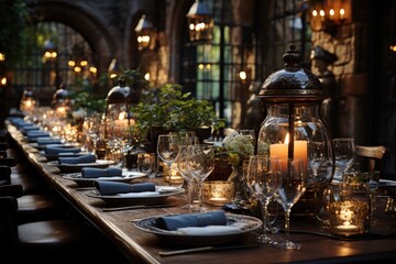 Fototapeta na wymiar Elegant dinner next to an impressive Distillate Cellar., generative IA