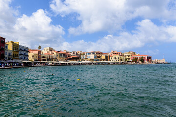 Old town main quay with colorful buildings, bars and restaurants. One of the most famous place in Chania town.