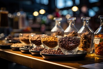 Fototapeta na wymiar Tasting of several coffee grains in a gastronomic fair., generative IA
