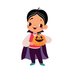 Happy Boy Character at Halloween Party Celebration in Dracula Costume with Pumpkin Vector Illustration