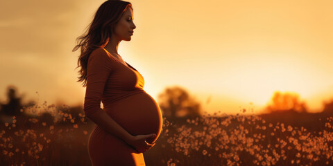 Pregnant woman in nature background. Silhouette of pregnant woman in dress in sunlight of sunset. Concept of pregnancy, maternity, expectation for baby birth. - obrazy, fototapety, plakaty
